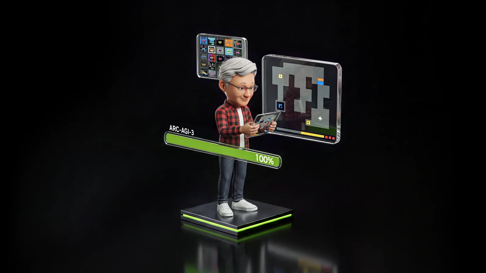 3D illustration of an AI assistant avatar interacting with virtual benchmark displays and a 100 percent progress bar.