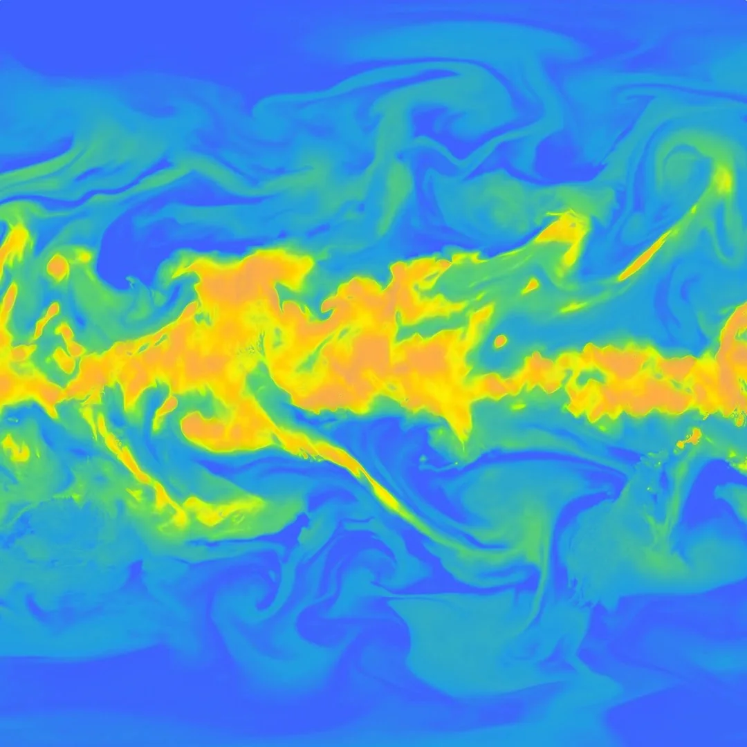 Color-coded atmospheric simulation map showing wind velocity patterns across global bands.