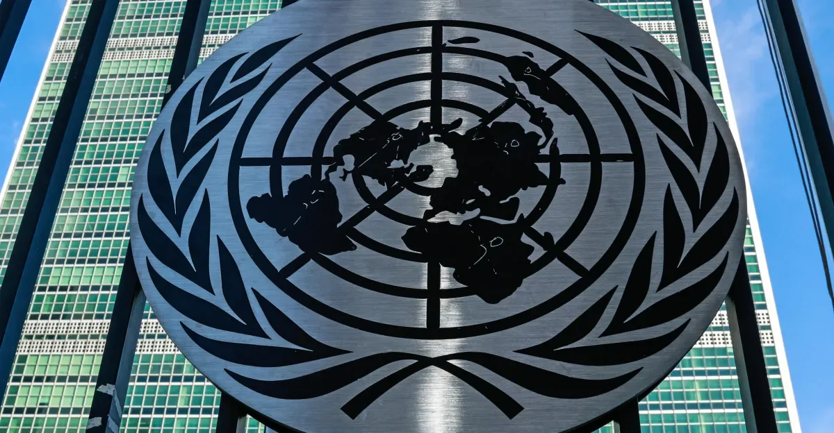 United Nations emblem and building facade.