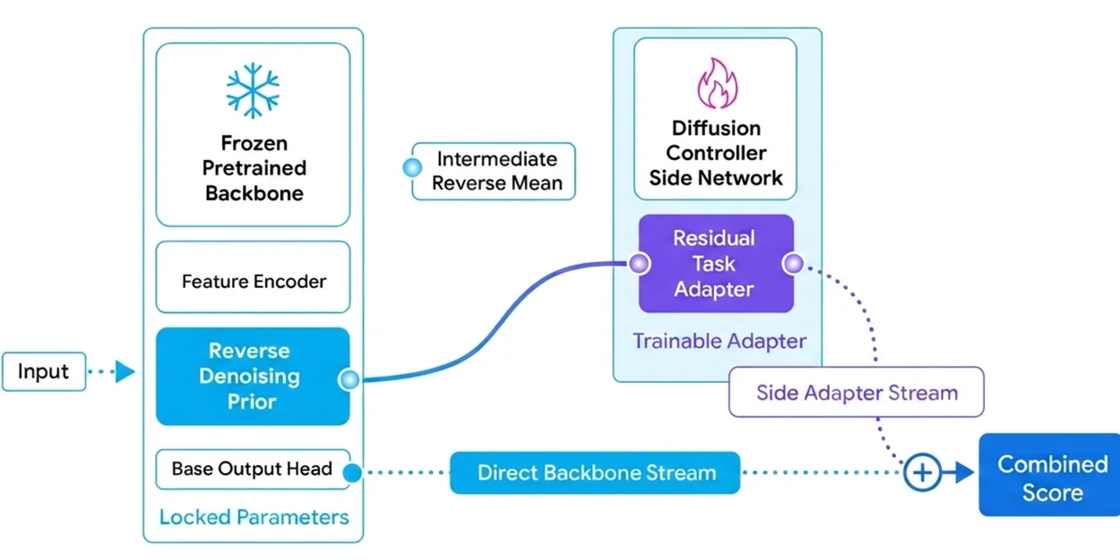 A system architecture diagram illustrating the flow of data through a frozen pretrained backbone and a trainable side network.
