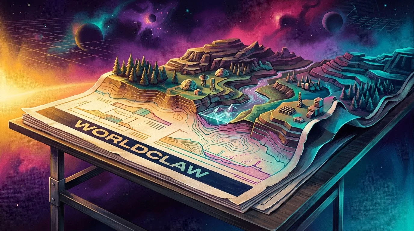 A 3D topographical map and terrain model generated from a conceptual layout for WorldClaw.