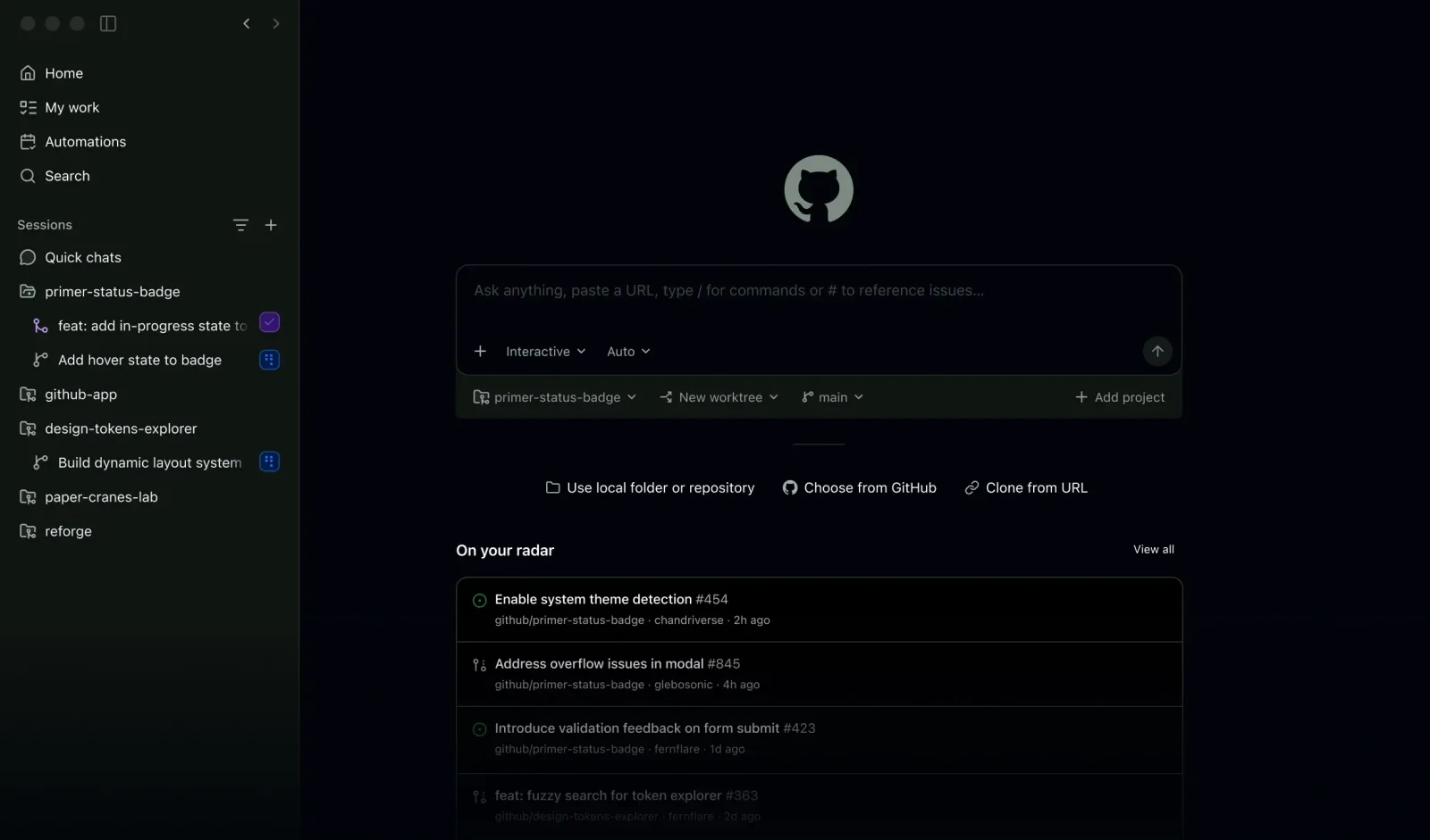 The GitHub Copilot workspace UI showing active sessions and prompt box.