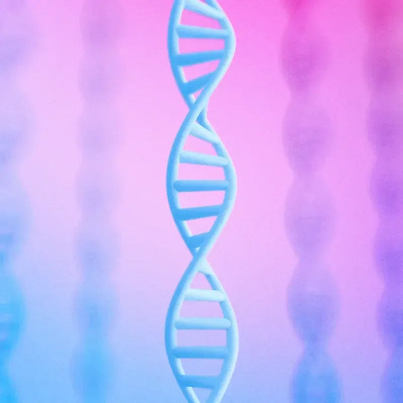 Clean blue DNA double helix structure against a gradient background.