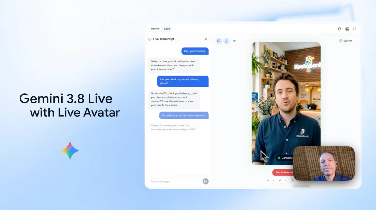 Product screenshot showing the live transcript and video interaction for Gemini 3.8 Live.