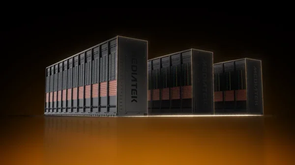 Row of MediaTek server rack infrastructure units.