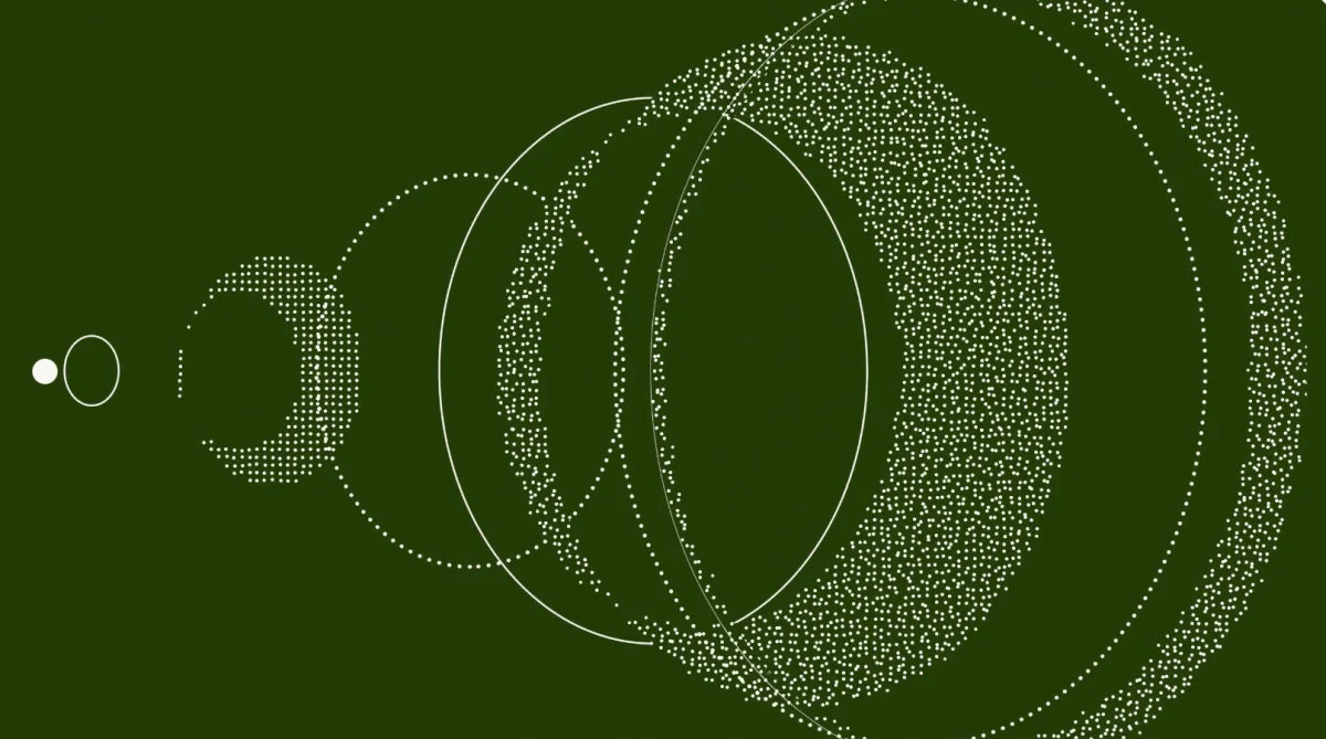 Concentric rings of white dots and solid lines on a dark green background.