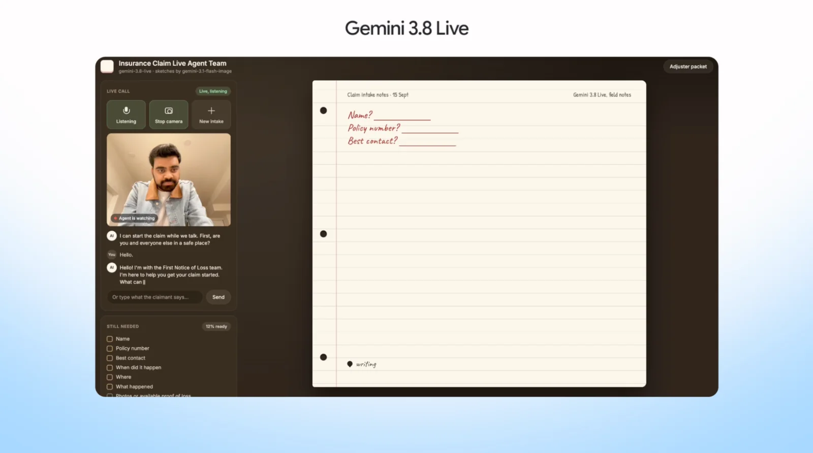 UI screenshot of Gemini 3.8 Live handling insurance claim notes in real time.