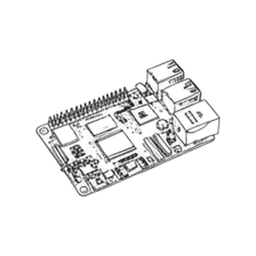 Wireframe drawing of a compact development board with multiple pin headers and ports.