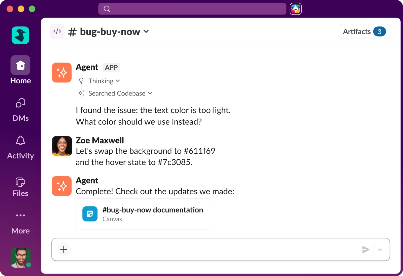 Slack Code channel view showing agent communication and interactive tabs.