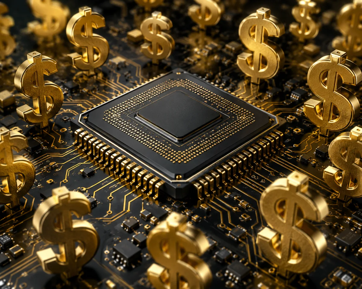 A computer processor chip surrounded by golden dollar symbols on a circuit board.