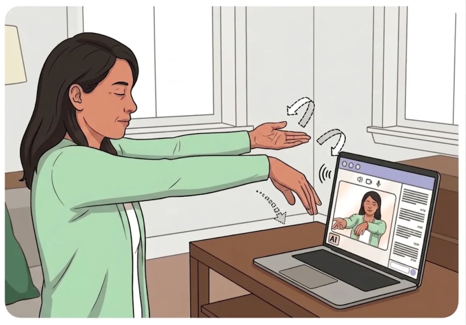 Illustration of a patient performing a physical movement in front of a laptop running the AMIE video consultation interface.