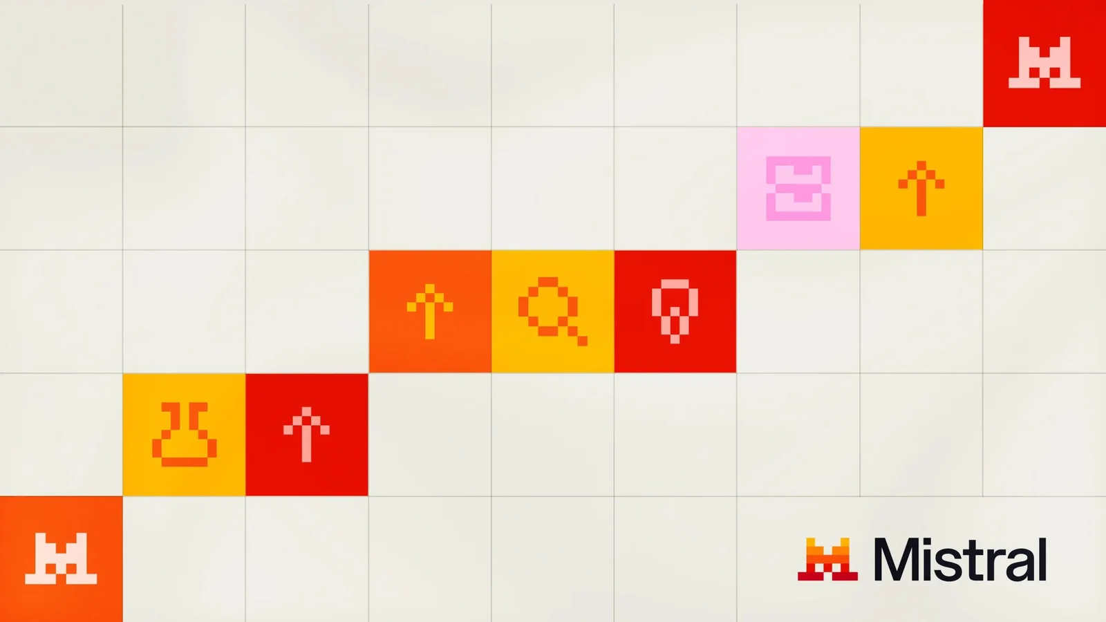 Pixel art graphic illustrating Mistral AI milestones and brand symbols on a white grid background.