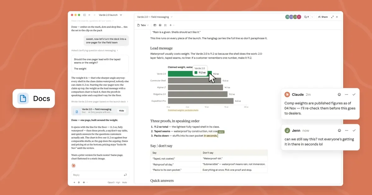 Screenshot of Claude Docs showing a generated document with integrated chat and editing tools.