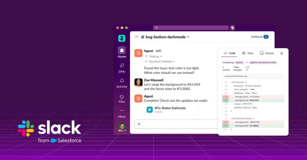 Slack user interface displaying code collaboration features and agent chat.
