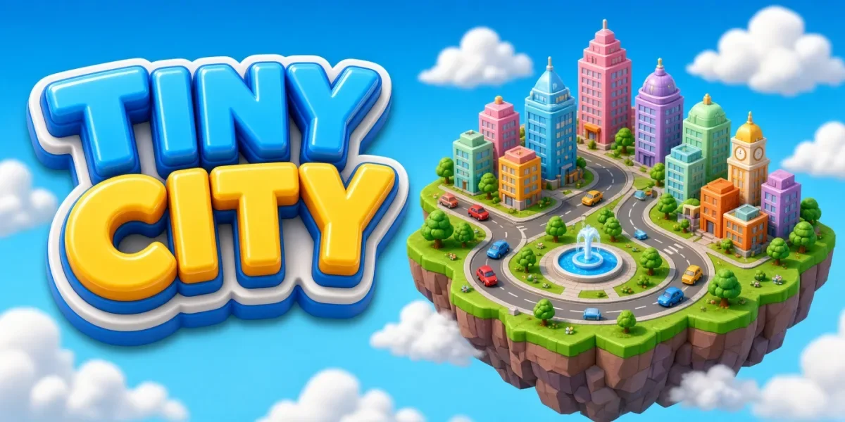Colorful 3D render of a floating island city labeled Tiny City