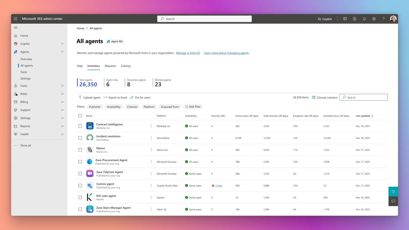 Screenshot of the Microsoft 365 admin center showing agent inventory and management tables.