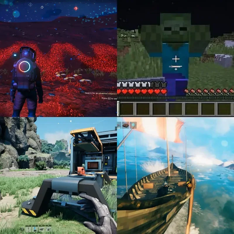 A quad-split screenshot showing different open world video game environments with agent perspectives.
