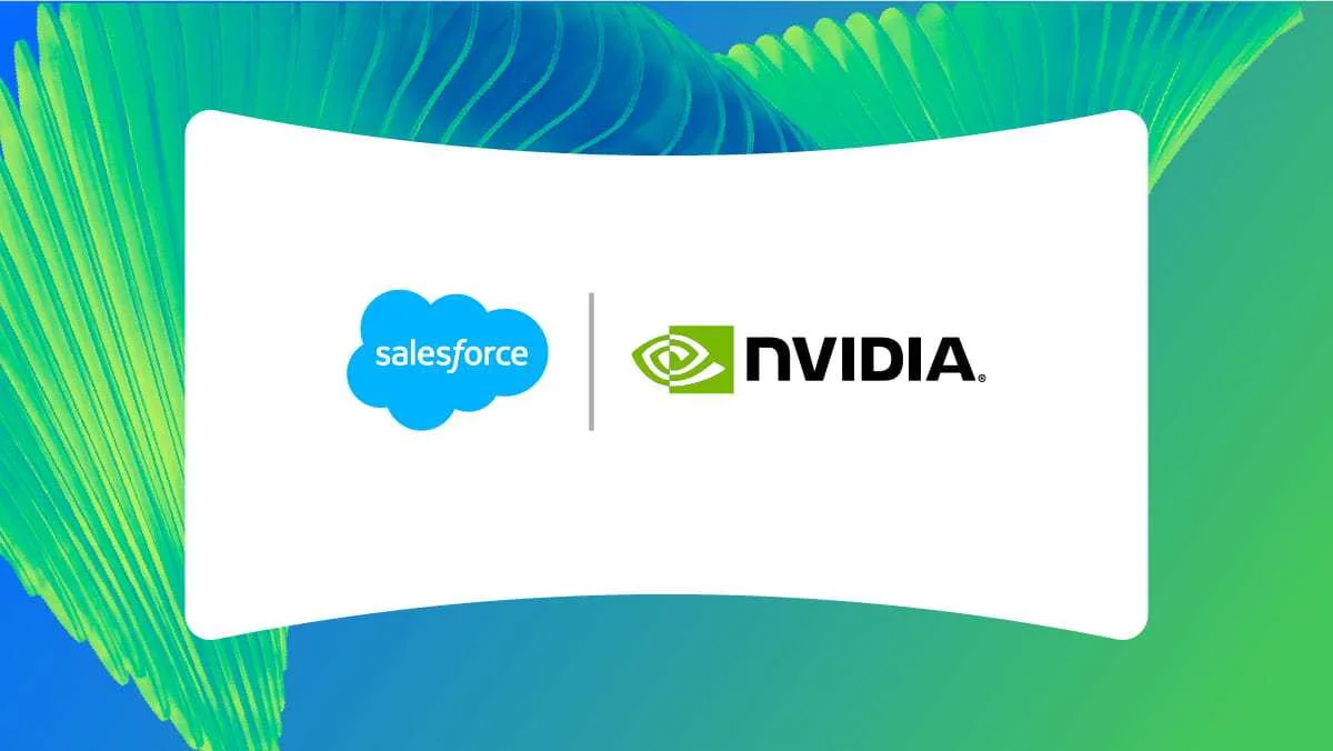 Salesforce and Nvidia corporate logos displayed together against an abstract green background.
