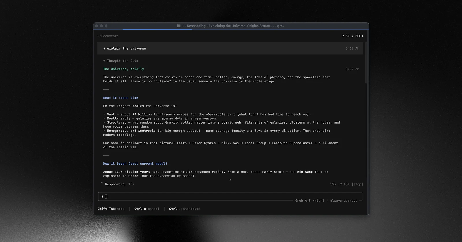 Screenshot of the Grok Build terminal interface running an agent query.