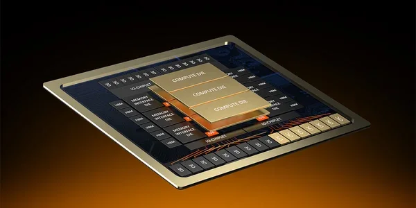 Close-up architecture diagram of the multi-die AI compute module.