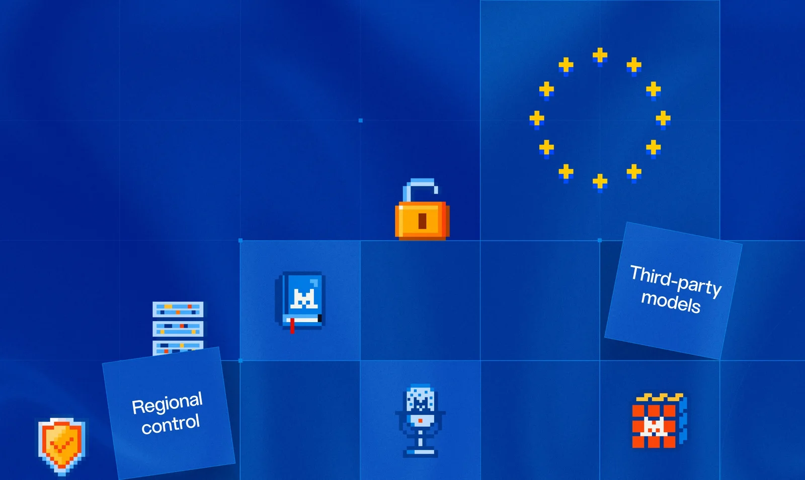 Blue themed pixel art diagram displaying regional control and third-party model integration elements.