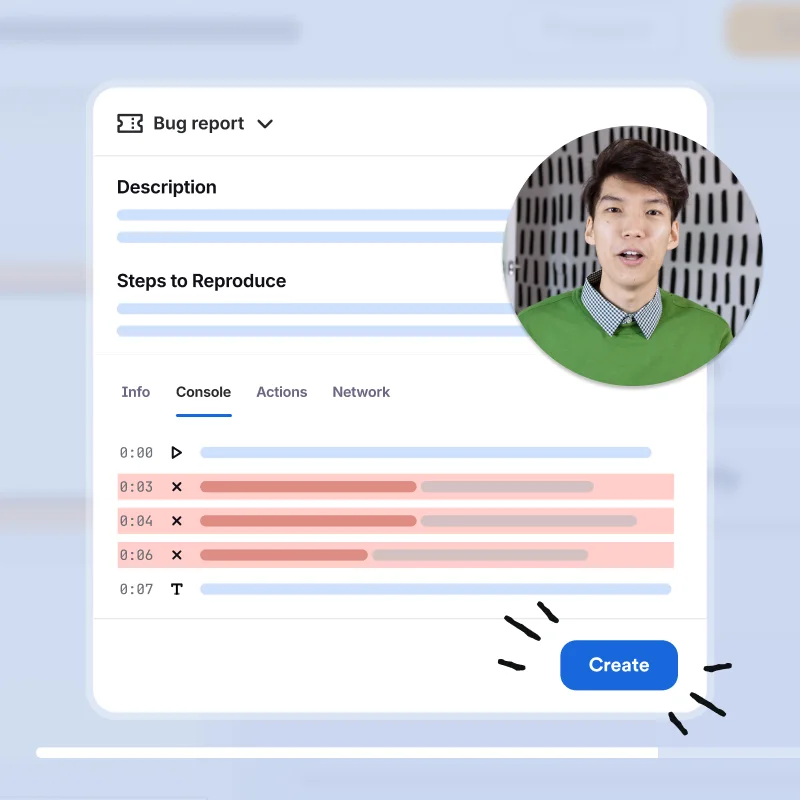 Product interface screenshot demonstrating video transcription and bug report generation workflows.