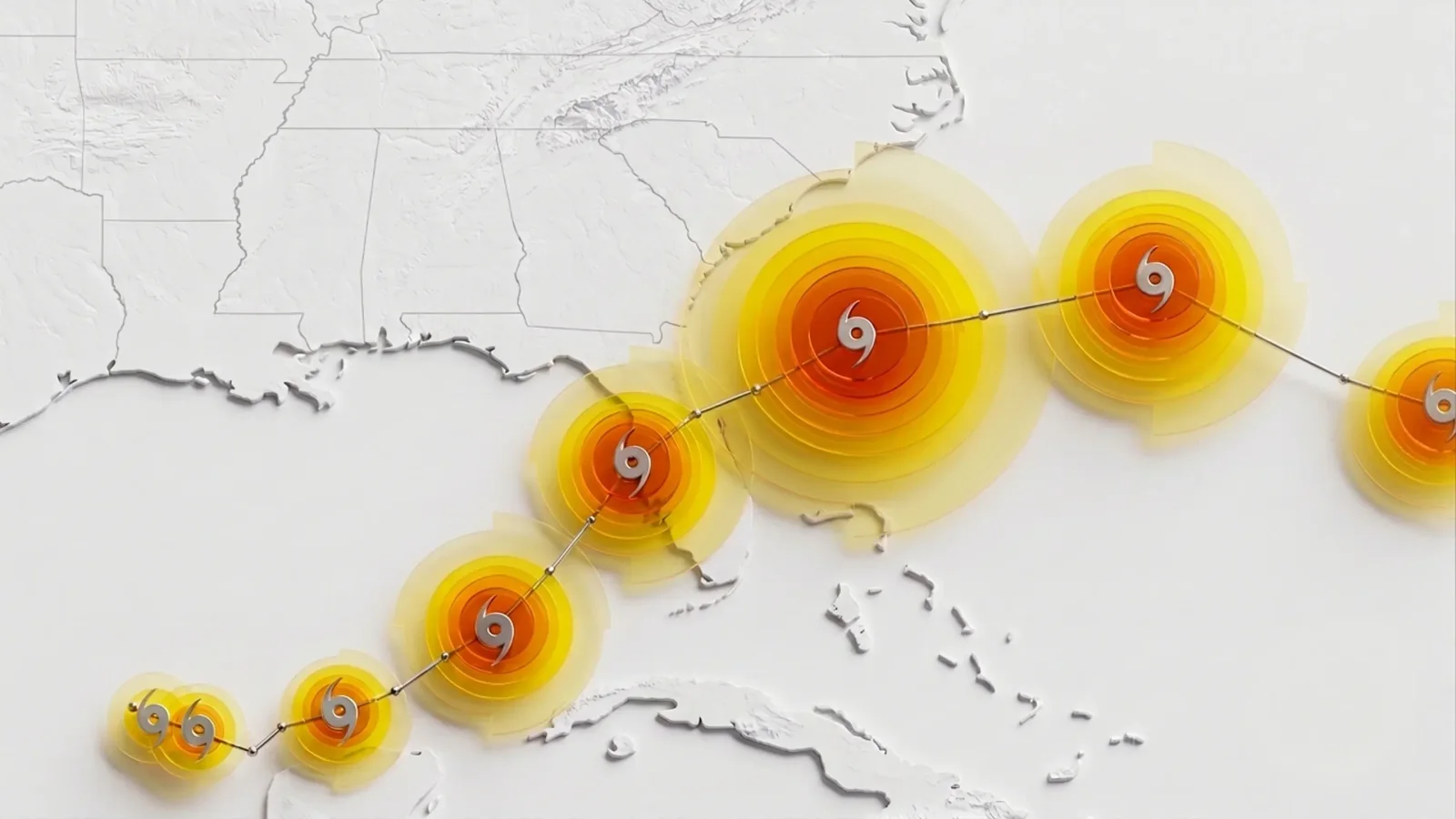 Map showing multiple potential cyclone tracks and intensity contours approaching the coast.