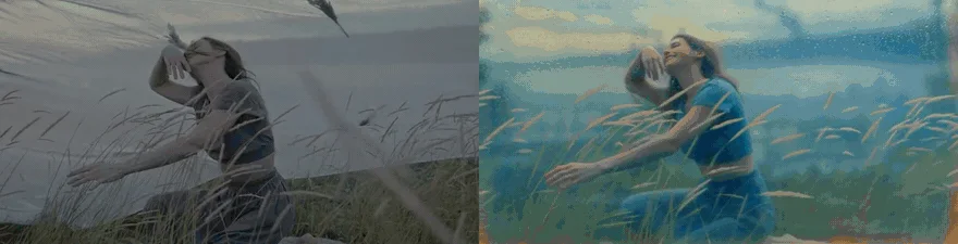 A side-by-side comparison showing a source video frame on the left and an AI-edited stylized version on the right.