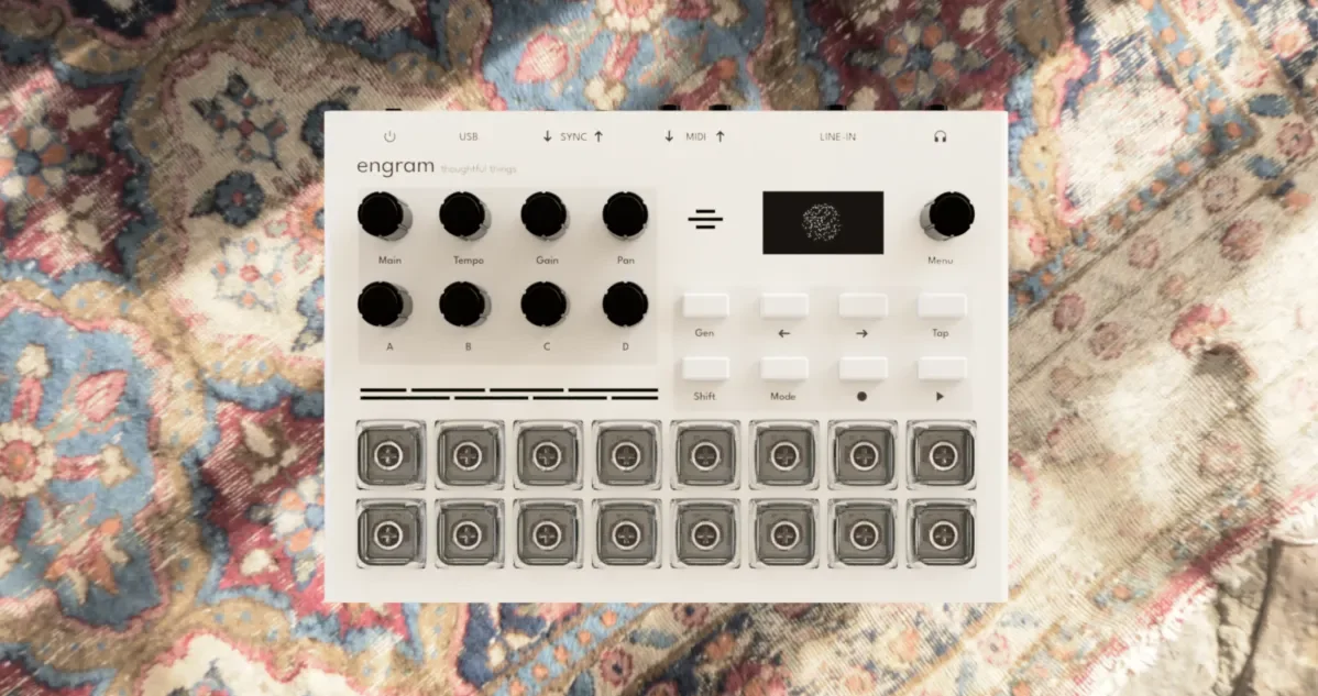Overhead view of the white Engram hardware sampler device resting on a patterned rug, showing its control knobs, small screen, and buttons.