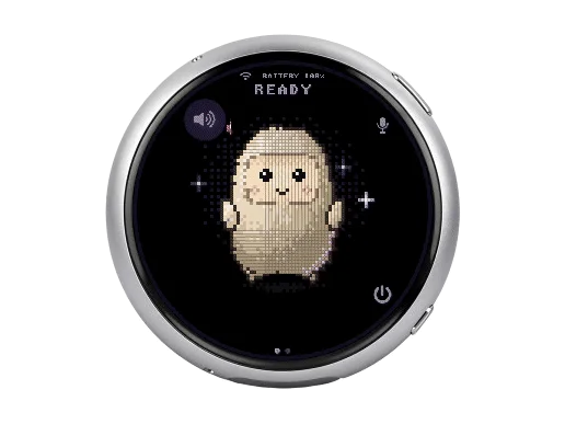 Circular display UI showing a pixel character and readiness status.