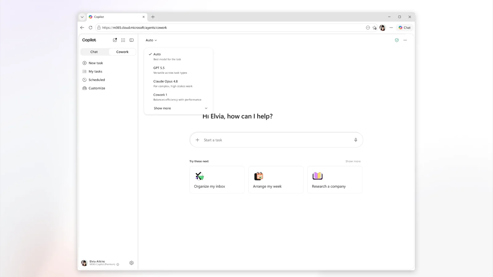 Screenshot of the Copilot Cowork product interface displaying a task input field and model selection options.